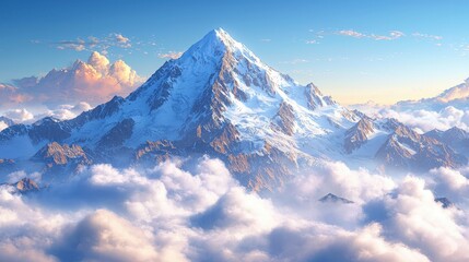 Fototapeta premium Majestic Snowy Mountain Peak Above Clouds at Sunset