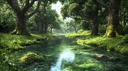 Tranquil Forest Stream with Lush Greenery and Clear Water