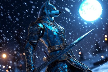 Fototapeta premium A wolf humanoid warrior in shining blue armor, holding a double-edged sword, standing victorious on a snowy battlefield under a bright full moon