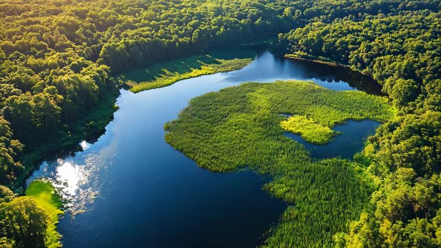 arial view of a lake in the middle of a green forest
