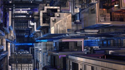 Fototapeta premium 3D reflective metal fractal, with blue and purple lights