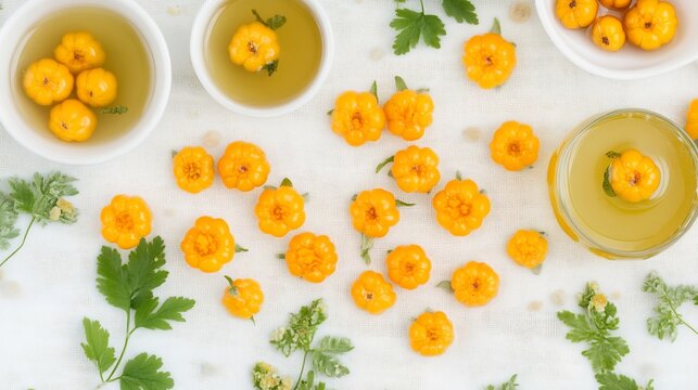 Cloudberries arranged elegant geometric pattern minimalist breakfast table herbal tea fresh smoothie bowl softly blurred behind promoting balanced nutritious start day Scientific name Rubus