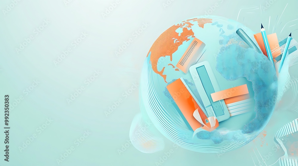 Poster a globe with stationery items around it, representing education and learning.
