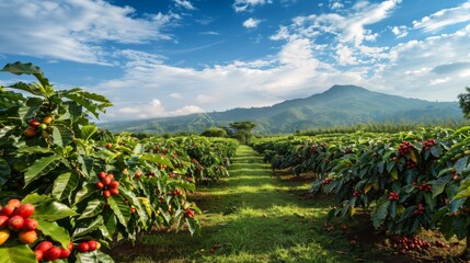 Coffee trees on plantation. The best selected coffee beans are still fresh and ready to be harvested.