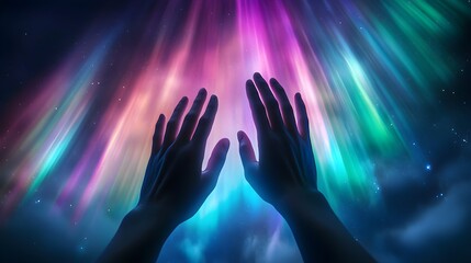 Hands reaching upwards, grasping vibrant light beams that radiate in a spectrum of colors. In the background, vivid auroras dance across the night sky, illuminating the scene and creating a 