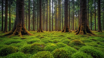 Lush Green Moss Ground in a Dense Pine Forest