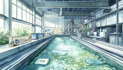 Fototapeta premium Watercolorstyle illustration of a recycling factory, soft greens and blues, depicting the clean process of turning waste into resources