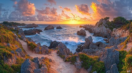 Rocky Coastline Sunset Dramatic Sky Seascape Path Landscape