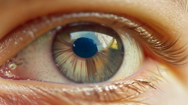 The eye displays stunning details such as the pattern of the iris, the reflection of light, and surrounding eyelashes, showcasing nature's beauty in daylight