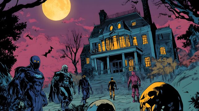 A comic book-style haunted house with sharp, graphic lines and intense contrast. Ghostly figures and creepy creatures leap from the pages, while trick-or-treaters in superhero costumes face 
