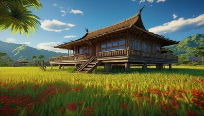 3d realistic indonesian house at sunny meadow