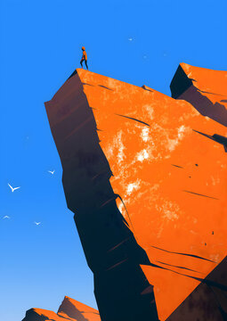 Poster or print with persom on rock or mountain. Achieve the goal. Win your fear. For home decor, camps, ads. Global Climbing Day.