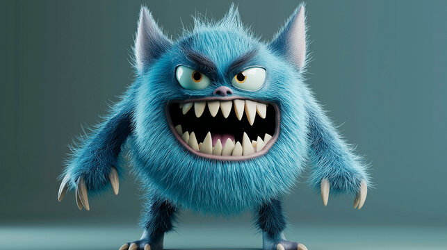 3D illustration of a small round and hairy blue monster. Halloween monsters