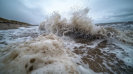 Dramatic Ocean Waves Crashing on Beach with Foamy White Crest