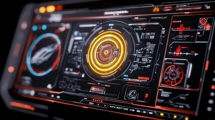 Fototapeta premium Futuristic Interface with Glowing Orange Circle and Data Displays