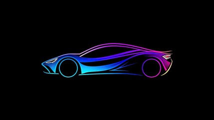 Performance car logo for company, flat, blue to black neon illustration on black background. 16:9