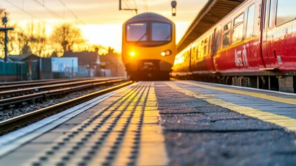 Obraz premium Sunset Train Arriving at Station with Glowing Headlights and Empty Platform in Golden Hour Light