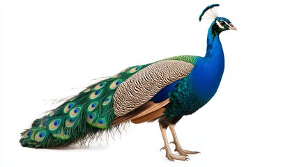 Fototapeta premium Vibrant Peacock with Full Plumage Display on White Background - Majestic Bird in Stunning Detail