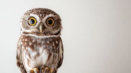 Close-Up of a Cute Owl with Big Eyes on a White Background - Perfect for Wildlife and Nature Photography