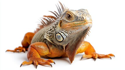 Obraz premium Vibrant Iguana on White Background - Close-Up of Colorful Reptile with Detailed Scales and Spikes
