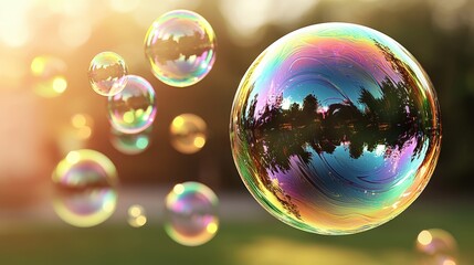 Colorful Soap Bubbles Floating in the Air with Nature Reflections