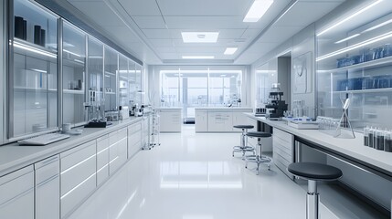 Modern, White Laboratory Interior with Glass Cabinets and Equipment