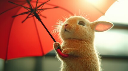 Cute Bunny Holding Red Umbrella in Sunny Weather