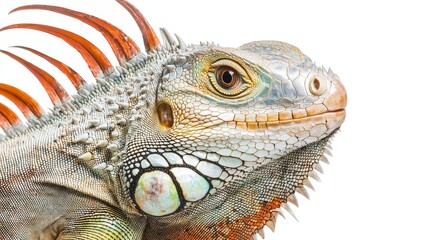 Fototapeta premium Close-Up of a Vibrant Iguana with Detailed Scales and Spikes on a White Background