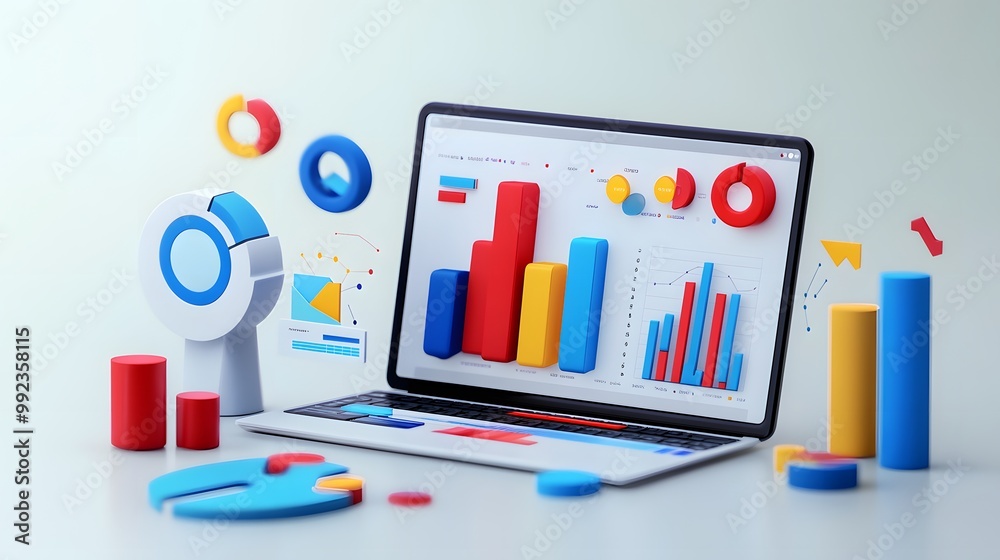 Poster a laptop displaying various charts and graphs surrounded by 3d colorful representations of data