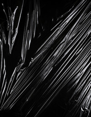 Obraz premium Transparent plastic wrap on the black background. Clean blank texture overlay effect template. Isolated wrinkle surface branding mock-up.