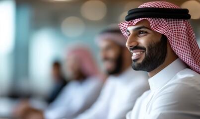 Saudi Workers Meeting in Traditional Attire: White Thobe and Red Shemagh in a Business Setting