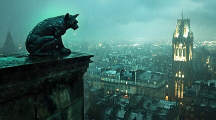 Fototapeta premium A rain-soaked gargoyle statue perched on the edge of a stone building, overlooking a dark, misty cityscape. The watercolor style emphasizes the wet stone texture, with the distant city lights 