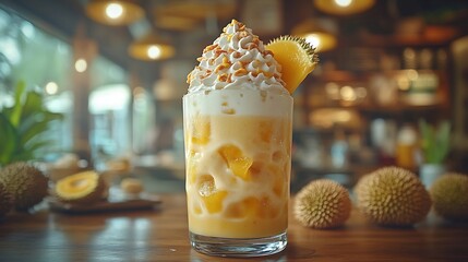 Durian milkshake served in a vintage diner on a tropical island with retro decor and classic music playing blending nostalgia with the exotic Scientific name Durio zibethinus