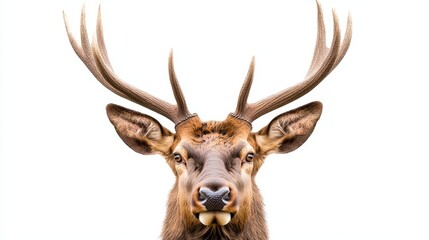 Fototapeta premium Majestic Deer with Large Antlers on White Background - Wildlife Animal Portrait for Nature and Wildlife Enthusiasts