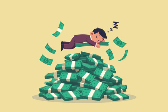 A businessman enjoys a comfortable life and sleeps soundly on a pile of dollars, a symbol of business success and financial wealth