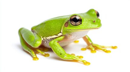 Obraz premium Bright Green Tree Frog on White Background - Close-Up of Vibrant Amphibian with Detailed Skin Texture and Big Eyes