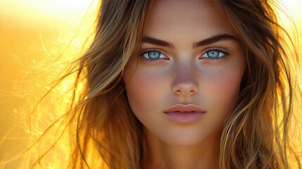Close up Portrait of Young Woman with Blonde Hair and Blue Eyes in Golden Light