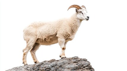 Naklejka premium Majestic Mountain Goat Standing on Rock Against White Background - Perfect for Wildlife and Nature Themes