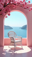 Serene white wicker chair under cherry blossoms on a pink terrace, overlooking a tranquil blue sea and mountains.