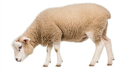 Fototapeta premium Adorable Sheep Standing on White Background - High-Quality Stock Photo for Agricultural and Animal-Themed Projects