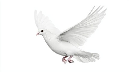 Graceful White Dove in Mid-Flight Isolated on a Clean White Background, Symbolizing Peace and Purity