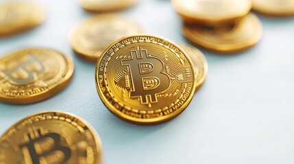Golden Bitcoin Cryptocurrency Coins Representing Digital Transactions and Modern Financial Concepts