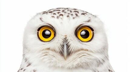 Naklejka premium Close-Up of Snowy Owl with Bright Yellow Eyes on White Background - High-Resolution Wildlife Photography