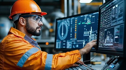 A worker in a safety orange jumpsuit and hardhat looks at a monitor full of data in a factory. - Powered by Adobe