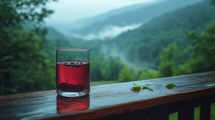 Glass of elderberry wine resting railing of wooden balcony overlooking vast mistcovered valley soft breeze rustling leaf of nearby trees symbolizing peace contemplation Scientific name Sambucus nigra
