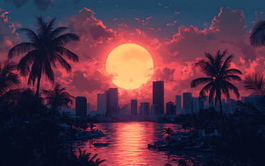 Miami Summer Vibes: Retro 80s Pink & Blue Illustration