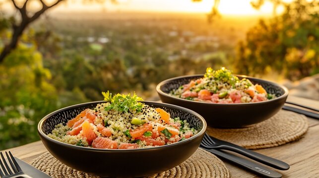 Grapefruit quinoa power bowl served chic ceramic bowl mountaintop wellness brunch yoga mat panoramic view softly glowing behind promoting fresh healthfocused dining experience Scientific name Citrus