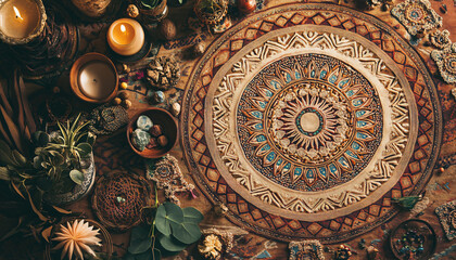 A collection of mandalas, dreamcatchers, and earthy tones, with intricate patterns and a warm, laid-back atmosphere