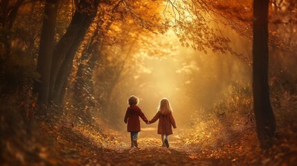 Fototapeta premium Two Children Walking Through an Autumn Forest Path