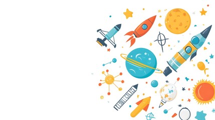 Fototapeta premium Colorful Cartoon Space Illustration with Rockets, Planets, and Stars
